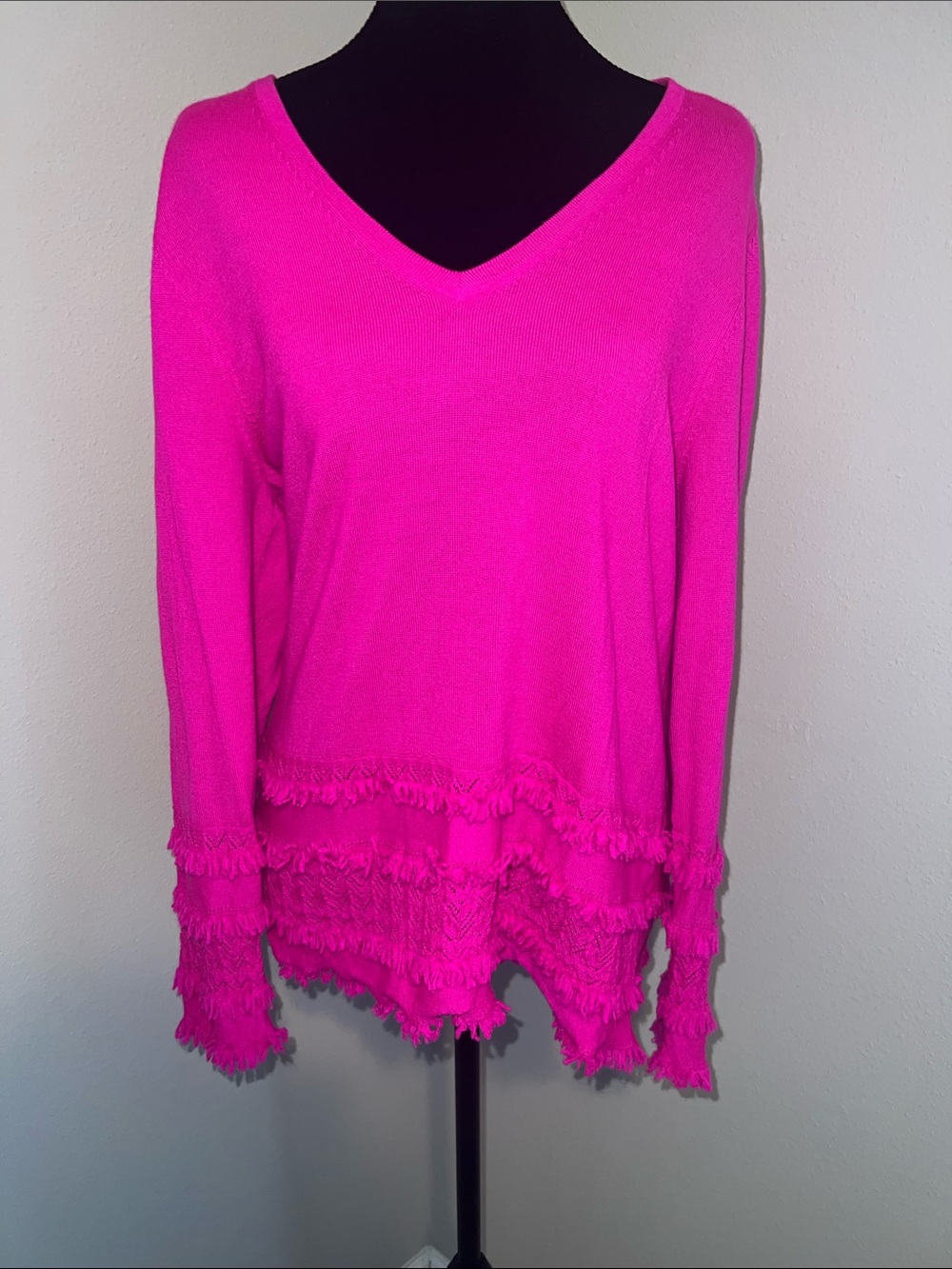 Trina Turk Hot Pink V-Neck Fringe Hem Sweater